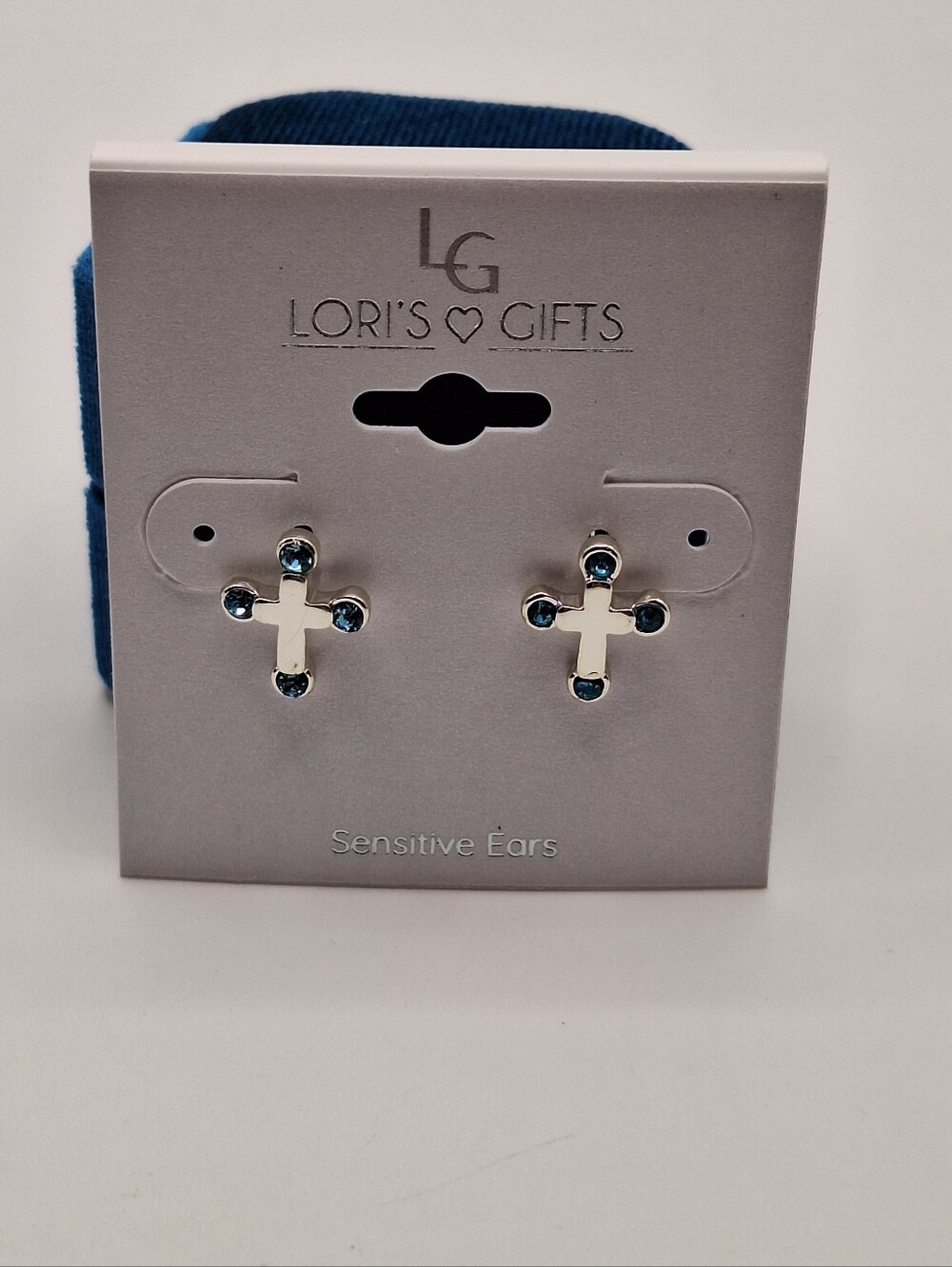 NWT Lori's Gifts Blue Crystal Cross Stud Earrings | Sensitive Ears | Silver Tone